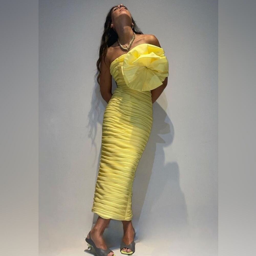 Rachel Gilbert Evana Dress – Strapless Midi with Oversized Flower in Yellow